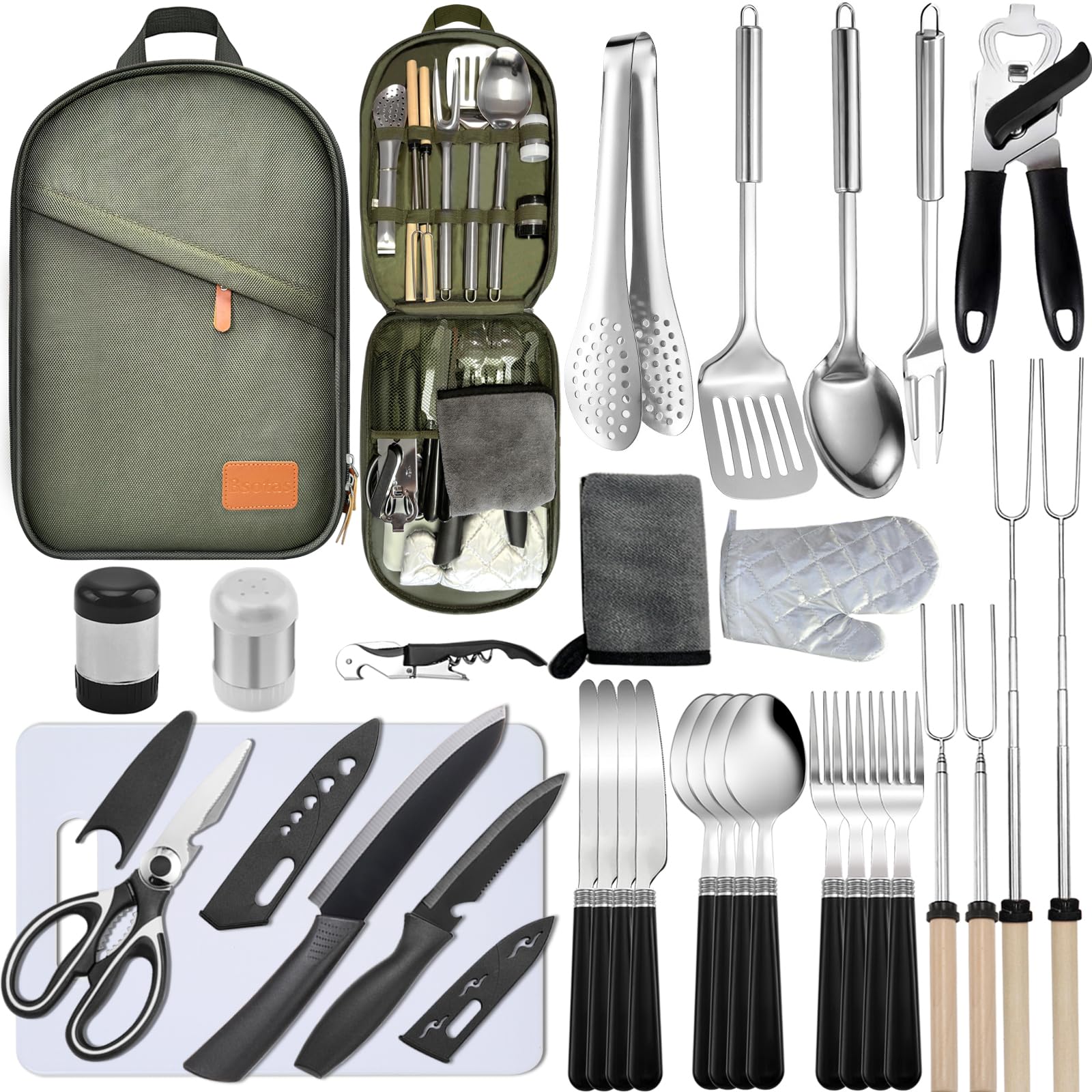 Camping Cooking Set- 31 Pcs Camping Utensils Camping Essentials Camping Gear for Camp Kitchen Cooking and Grilling Portable Outdoor Cooking Travel Set