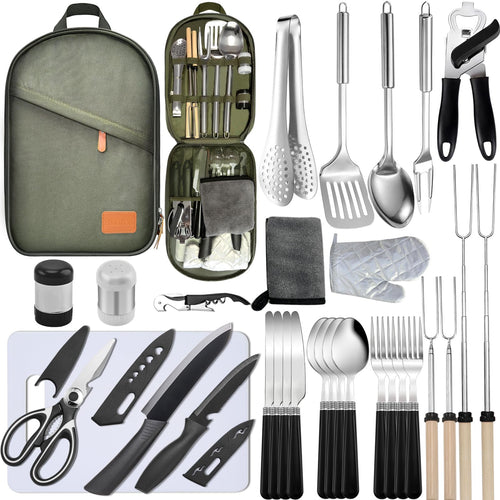 Camping Cooking Set- 31 Pcs Camping Utensils Camping Essentials Camping Gear for Camp Kitchen Cooking and Grilling Portable Outdoor Cooking Travel Set